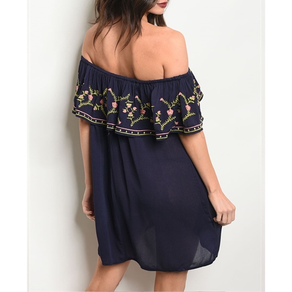 Navy Ruffled Off Shoulder Embroidery Tunic Dress - Picture 2 of 3